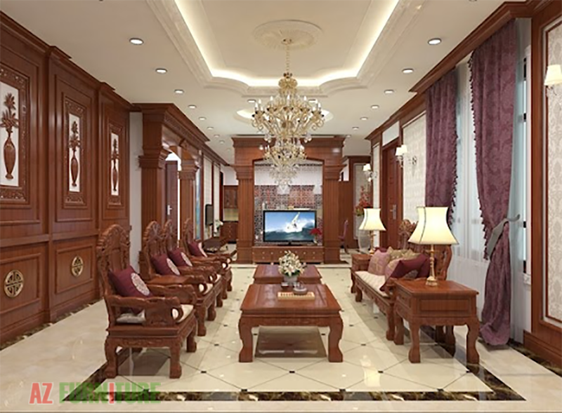 Sử dụng gỗ tự nhiên cao cấp trong thiết kế nội thất phòng khách biệt thự TP HCM